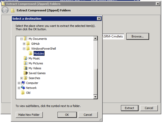screenshot of zip file being extracted to "My DocumentsWindowsPowerShellModules"