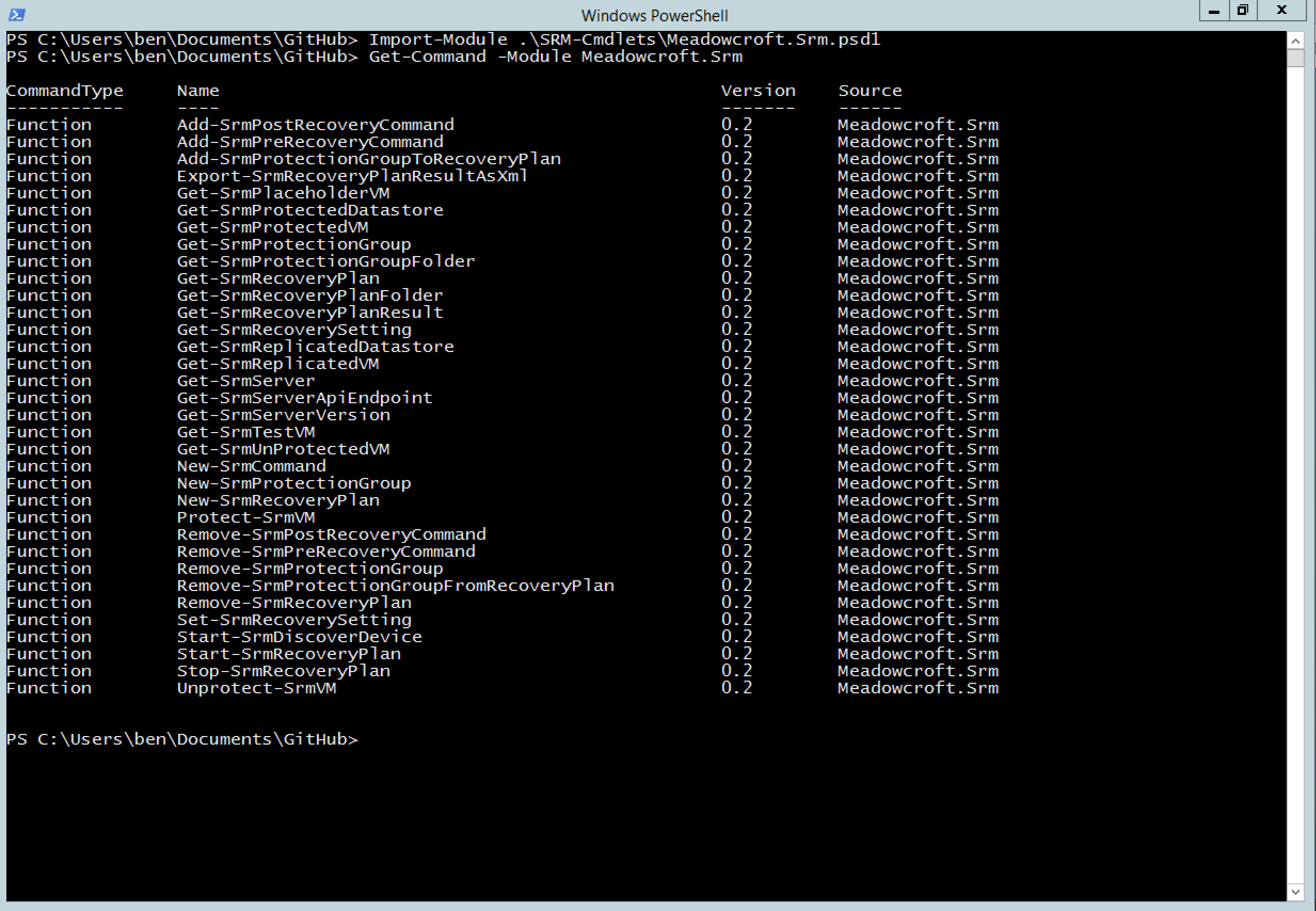 Results of executing Get-Command -Module Meadowcroft.SRM